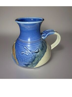 Y2K Art Pottery No Spill Coffee Mug Blue Drip Glaze  Celestial Motif VTG